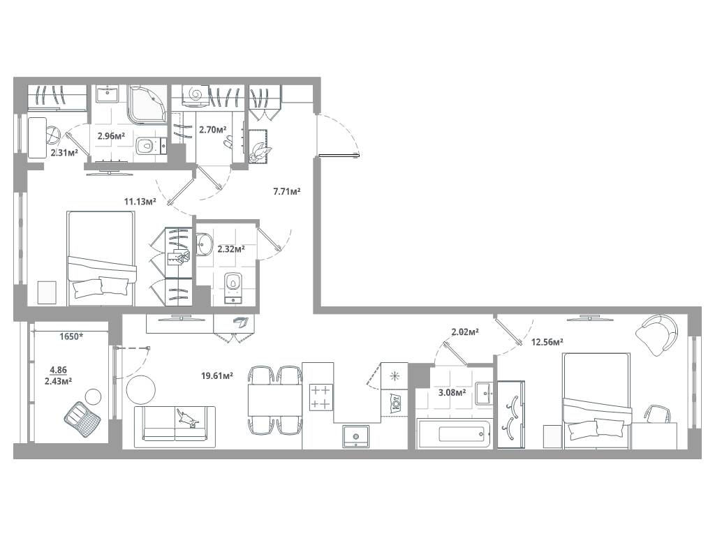 3-комнатная (Евро) квартира, 68.83 м² в ЖК "ЛесАрт" - планировка, фото №1