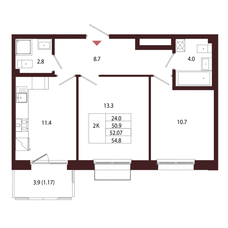 2-комнатная квартира, 52.07 м² в ЖК "Лисино" - планировка, фото №1