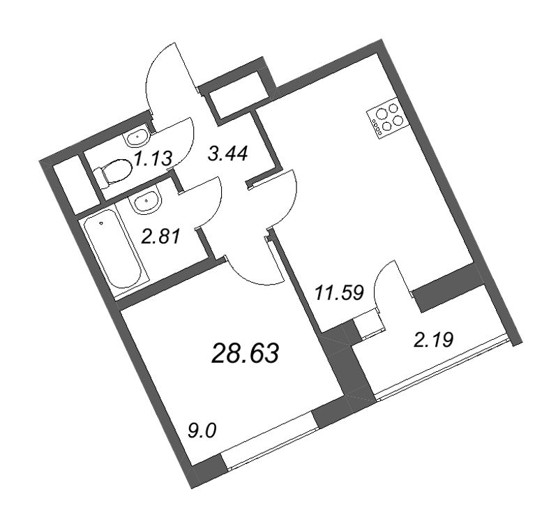 2-комнатная (Евро) квартира, 28.63 м² в ЖК "Южный форт" - планировка, фото №1