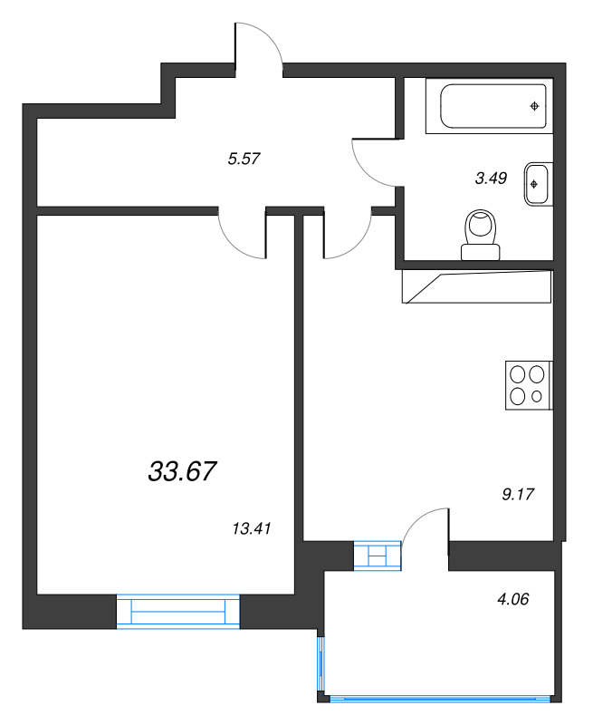 1-комнатная квартира, 33.67 м² - планировка, фото №1