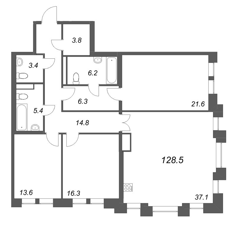 4-комнатная (Евро) квартира, 128.5 м² в ЖК "Коллекционер" - планировка, фото №1