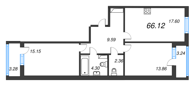 3-комнатная (Евро) квартира, 66.24 м² в ЖК "Аквилон Leaves" - планировка, фото №1