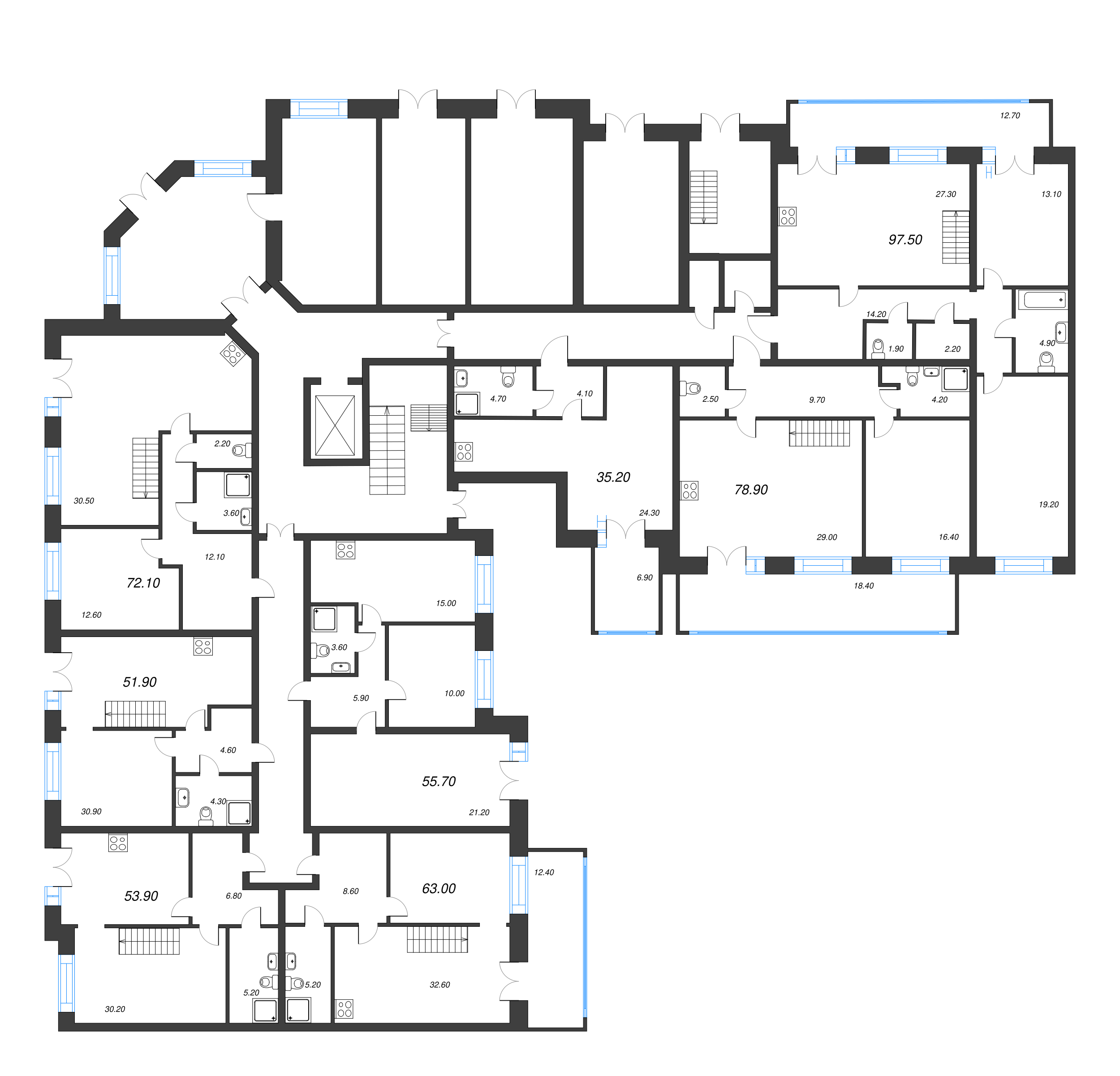 3-комнатная (Евро) квартира, 97.2 м² - планировка этажа
