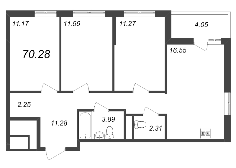 4-комнатная (Евро) квартира, 70.28 м² - планировка, фото №1