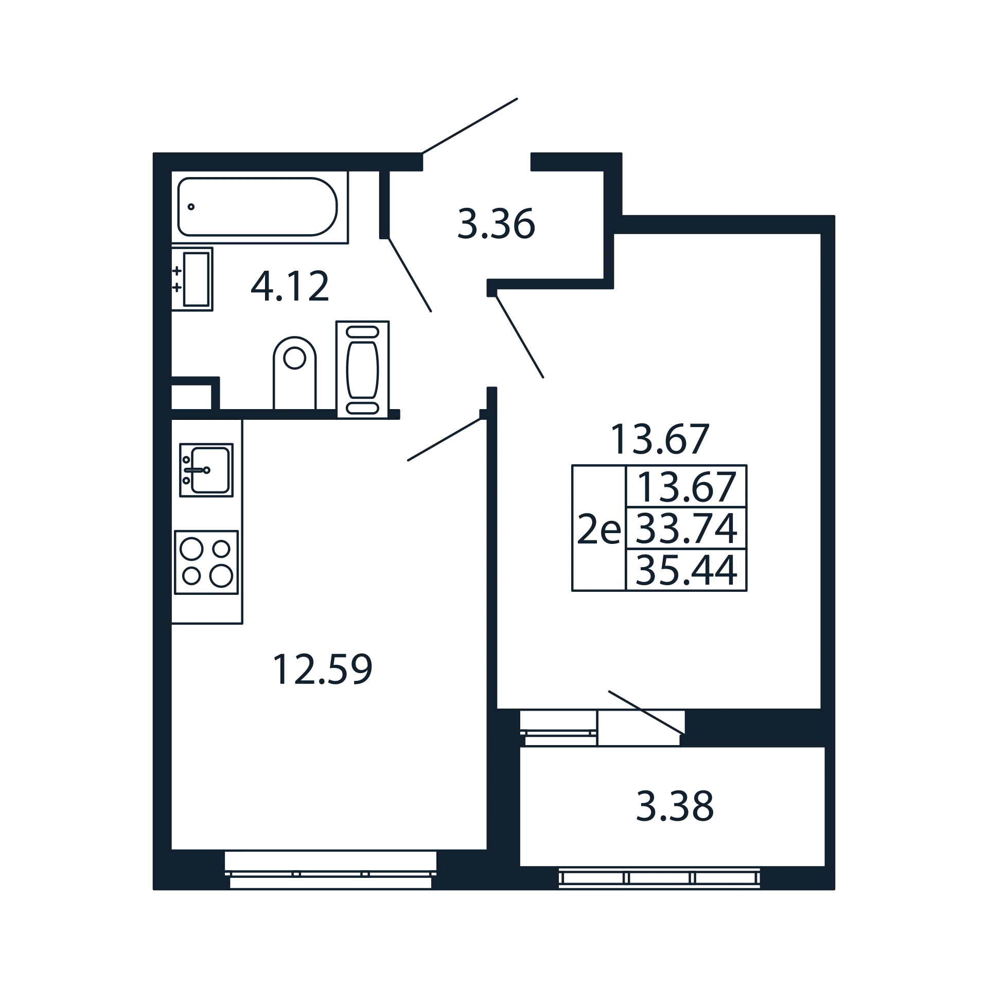 1-комнатная квартира, 33.74 м² - планировка, фото №1