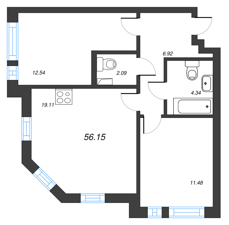 3-комнатная (Евро) квартира, 56.15 м² - планировка, фото №1