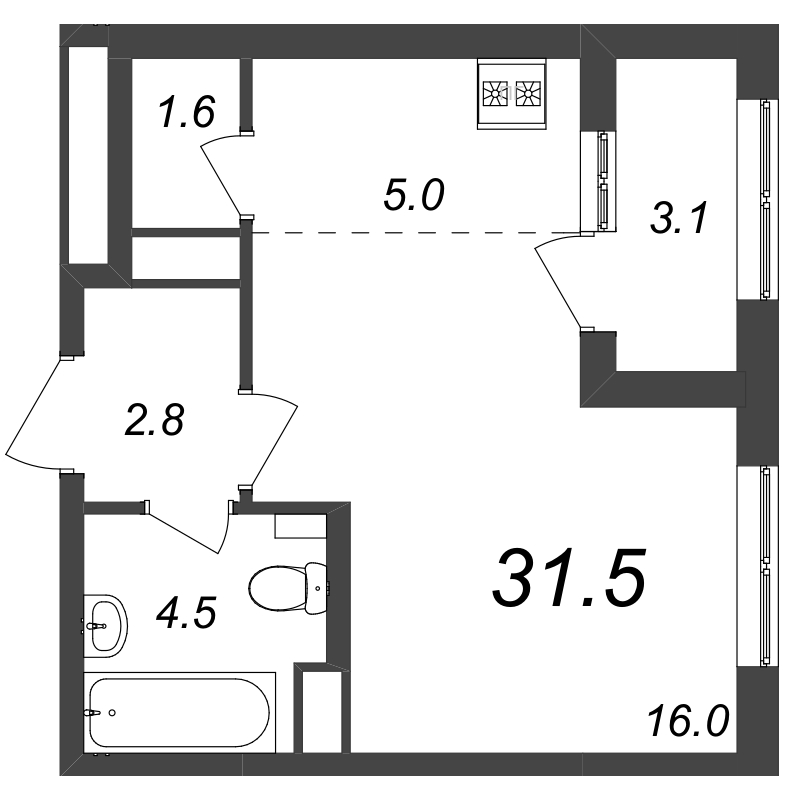 Квартира-студия, 31.4 м² в ЖК "Галактика" - планировка, фото №1