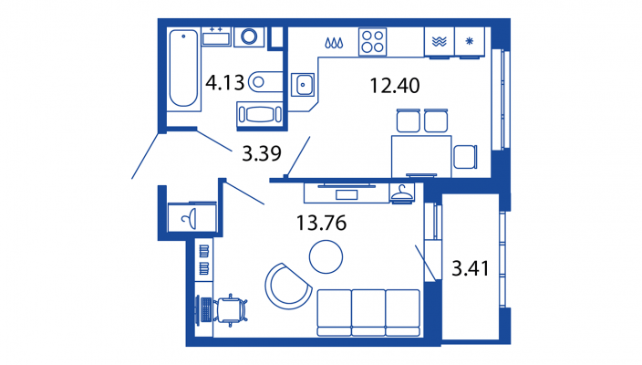 1-комнатная квартира, 33.68 м² - планировка, фото №1