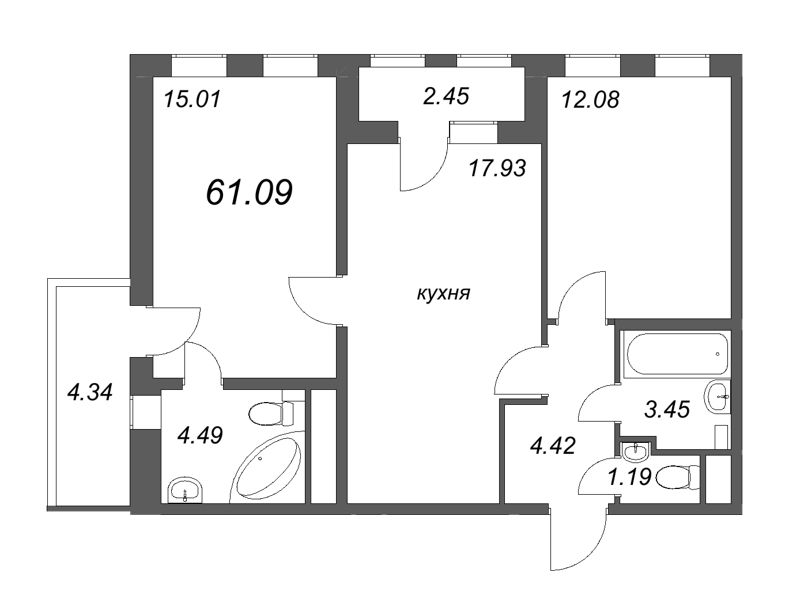 3-комнатная (Евро) квартира, 61.09 м² - планировка, фото №1