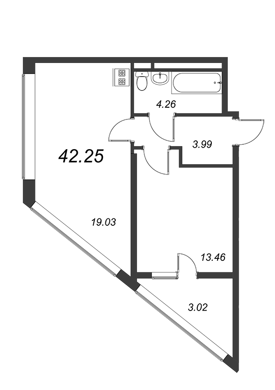 1-комнатная квартира, 43.2 м² - планировка, фото №1