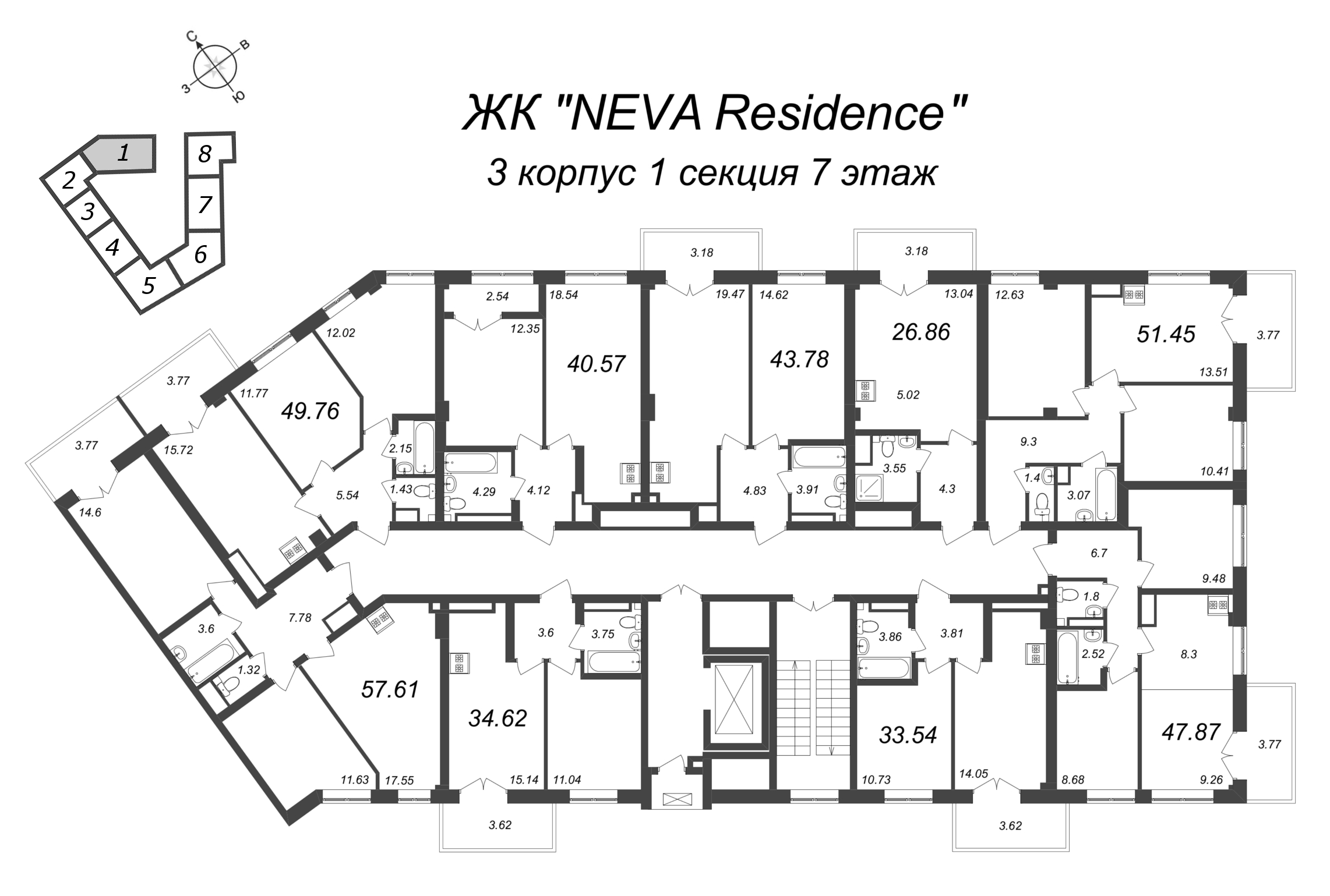 2-комнатная квартира, 51.45 м² - планировка этажа