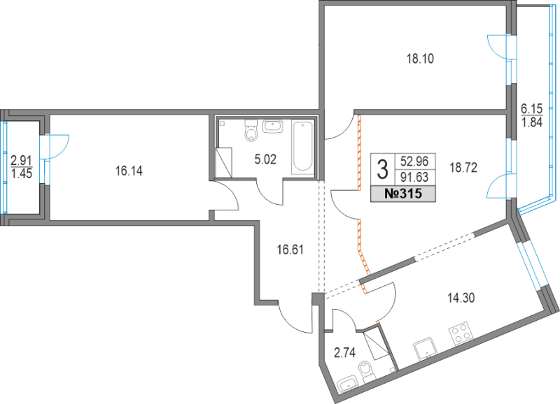 3-комнатная квартира, 91.63 м² в ЖК "Приморский квартал" - планировка, фото №1