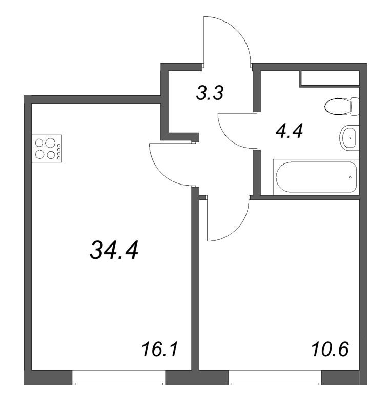 2-комнатная (Евро) квартира, 34.4 м² в ЖК "Пулково Lake" - планировка, фото №1