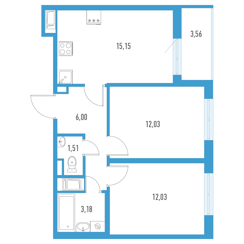 3-комнатная (Евро) квартира, 51.68 м² в ЖК "Аэросити" - планировка, фото №1