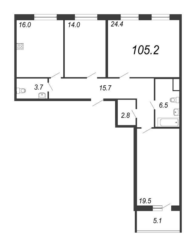 3-комнатная квартира, 105.5 м² - планировка, фото №1
