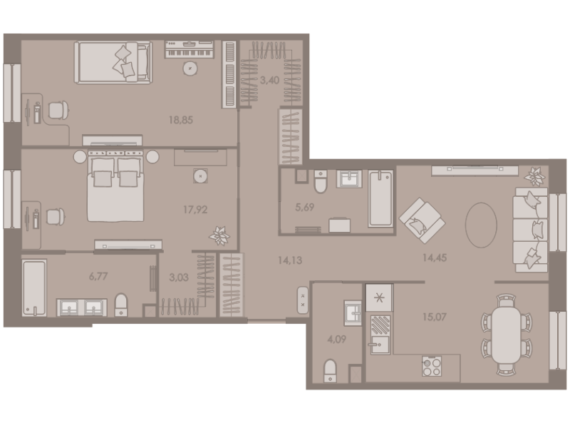 3-комнатная квартира, 103.7 м² - планировка, фото №1