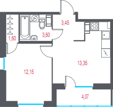 1-комнатная квартира, 32.89 м² - планировка, фото №1