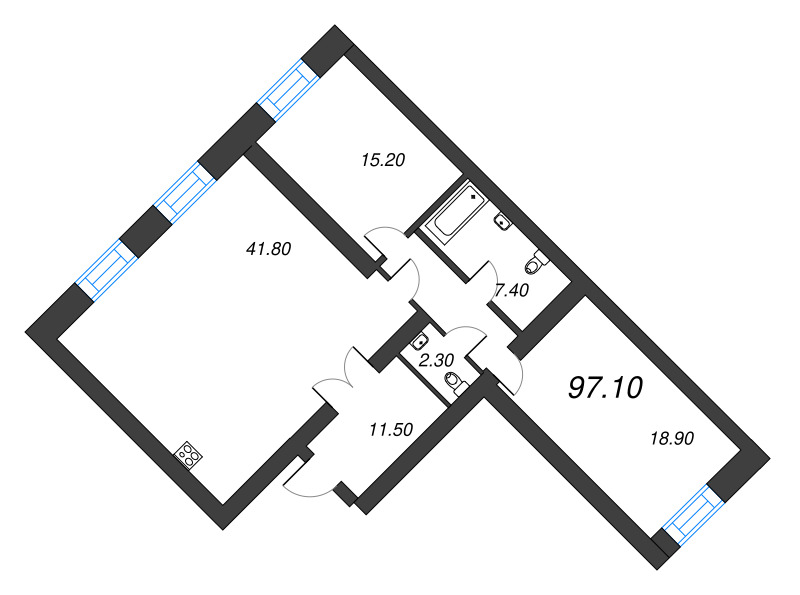 3-комнатная (Евро) квартира, 97.1 м² в ЖК "Листва" - планировка, фото №1