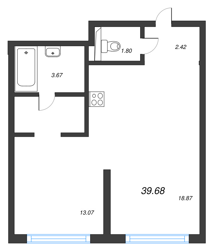 2-комнатная (Евро) квартира, 39.68 м² в ЖК "Новая Земля" - планировка, фото №1