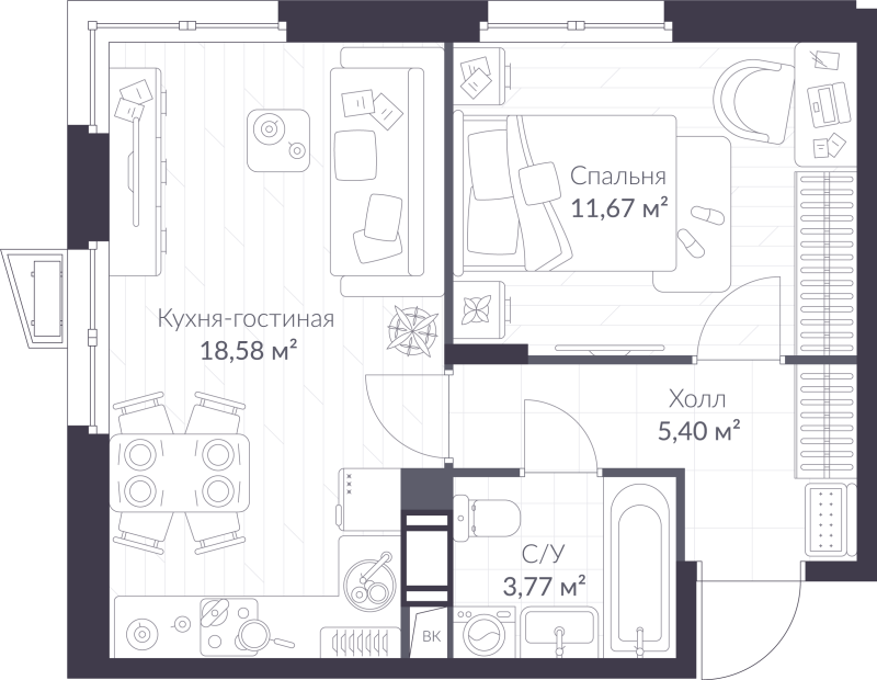 2-комнатная (Евро) квартира, 39.42 м² в ЖК "VEREN NORT сертолово" - планировка, фото №1