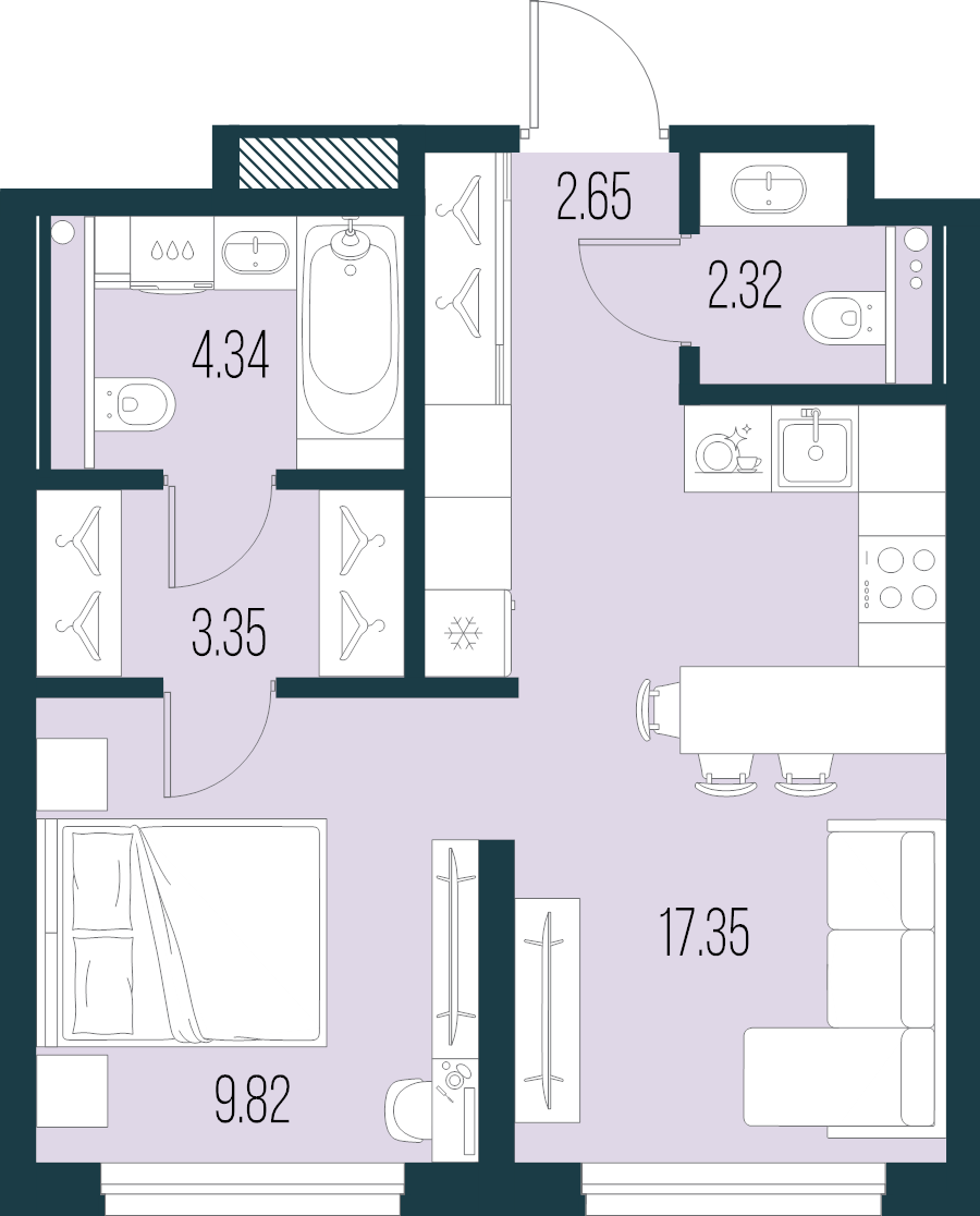 2-комнатная (Евро) квартира, 39.83 м² в ЖК "Новая Земля" - планировка, фото №1