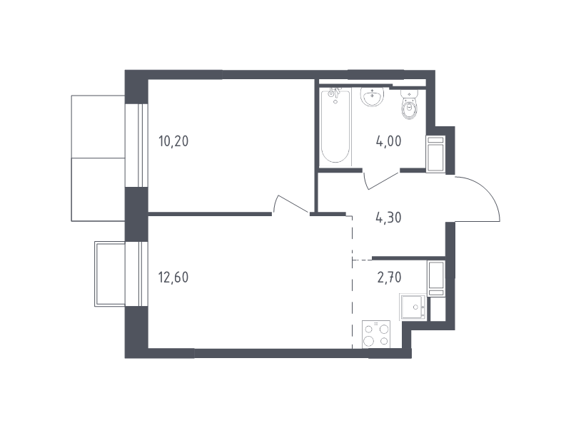 2-комнатная (Евро) квартира, 33.8 м² в ЖК "Курортный Квартал" - планировка, фото №1