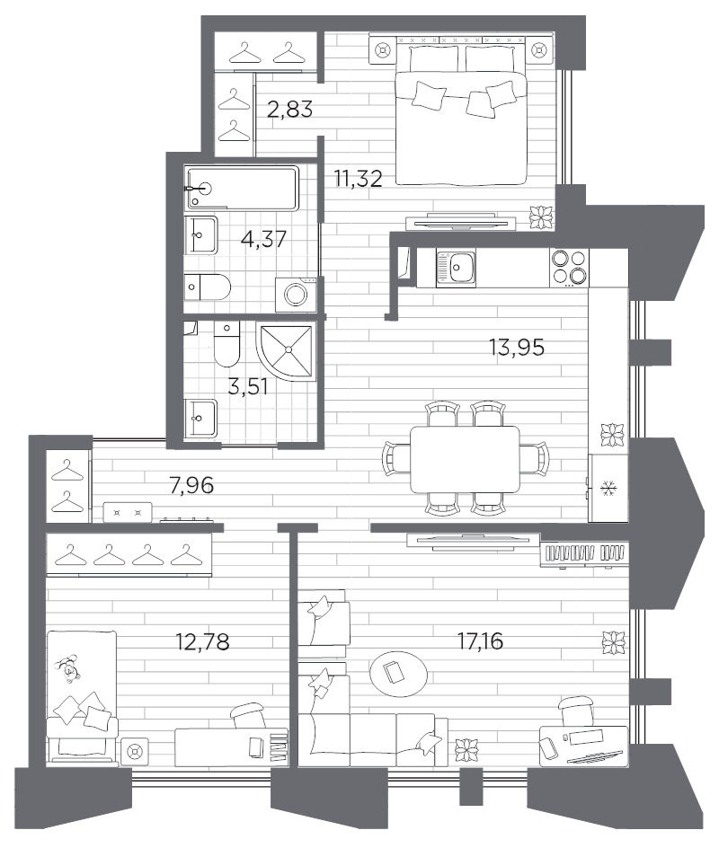 3-комнатная квартира, 73.88 м² в ЖК "Галерная гавань" - планировка, фото №1