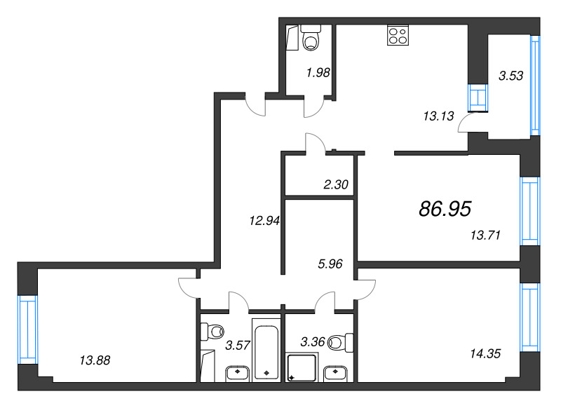 3-комнатная квартира, 86.95 м² в ЖК "Уютный" - планировка, фото №1