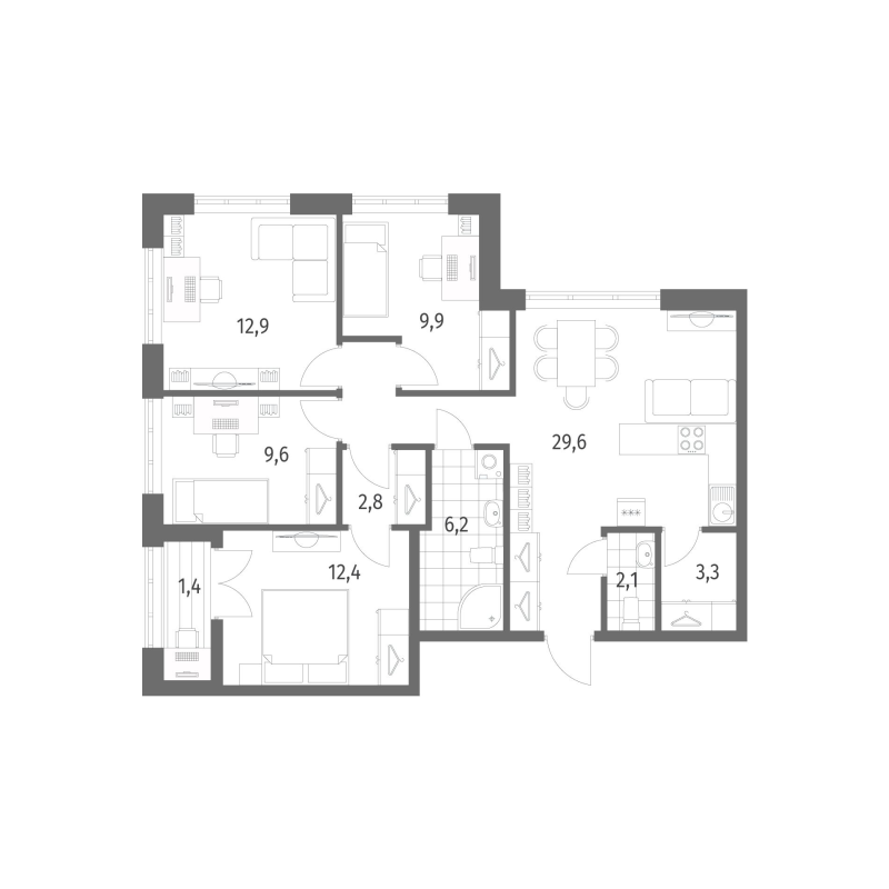 5-комнатная (Евро) квартира, 90.2 м² в ЖК "NewПитер 2.0" - планировка, фото №1