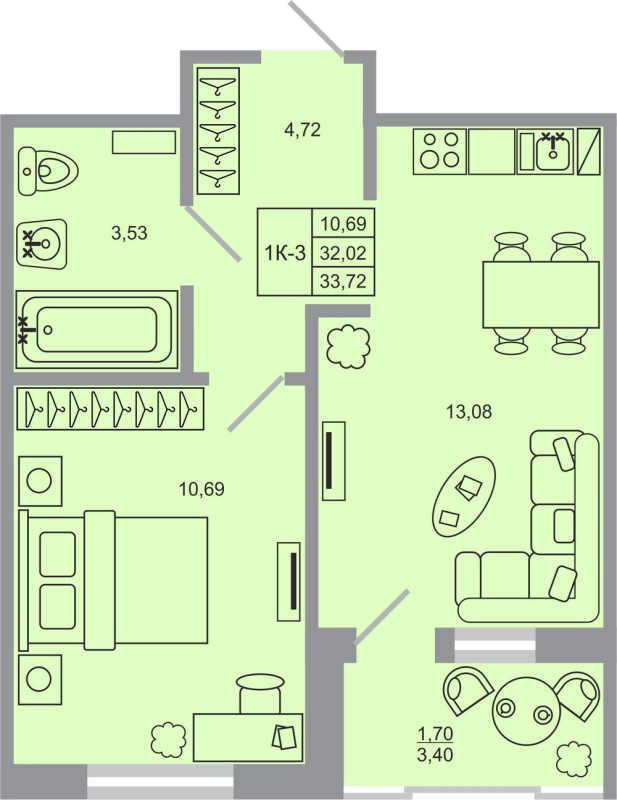 1-комнатная квартира, 33.72 м² - планировка, фото №1