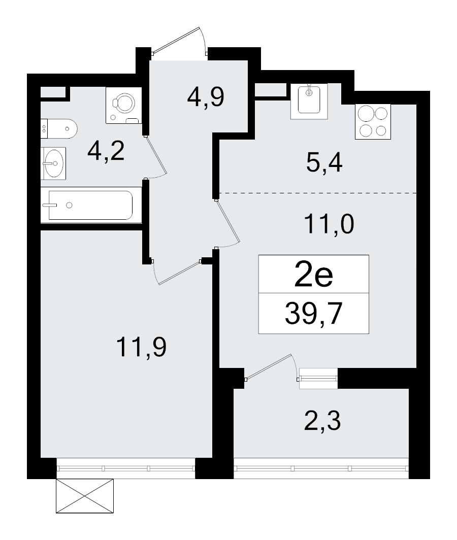 2-комнатная (Евро) квартира, 39.7 м² в ЖК "А101 Всеволожск" - планировка, фото №1