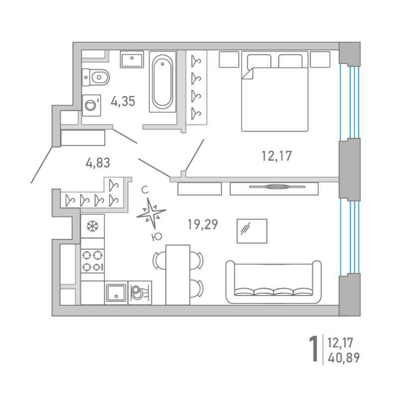 2-комнатная (Евро) квартира, 40.89 м² - планировка, фото №1