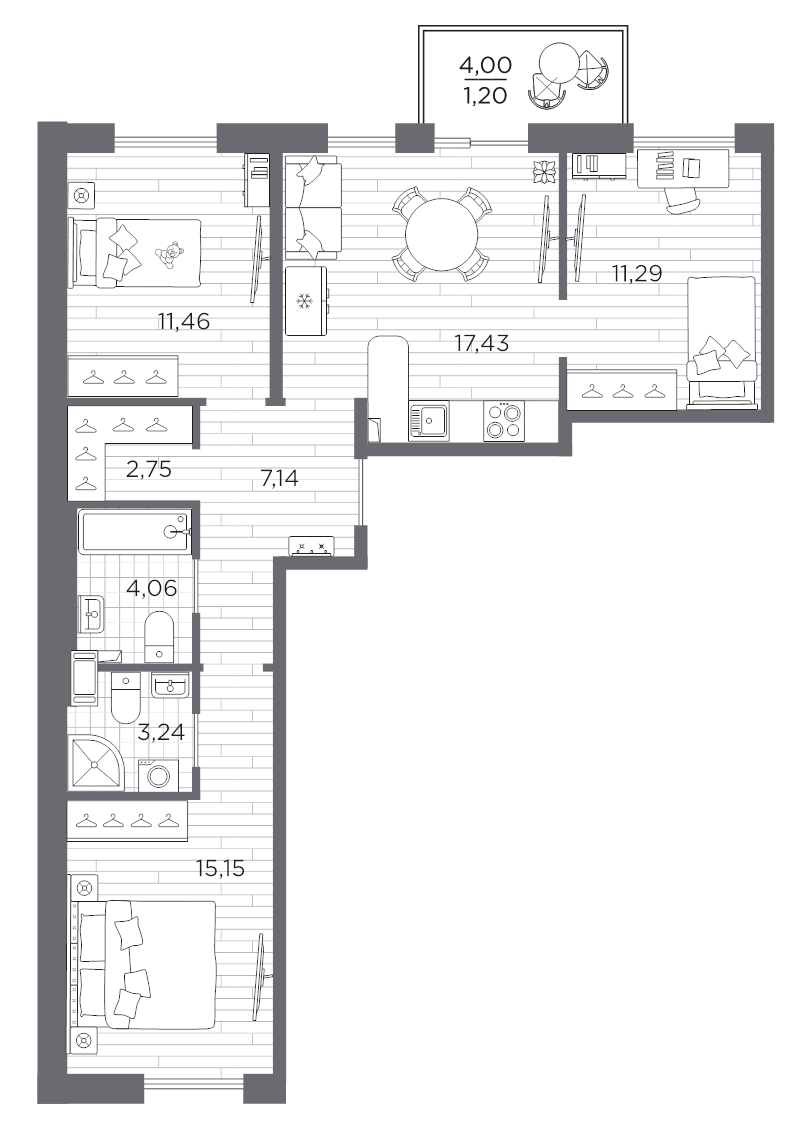 4-комнатная (Евро) квартира, 73.72 м² в ЖК "Сезоны" - планировка, фото №1
