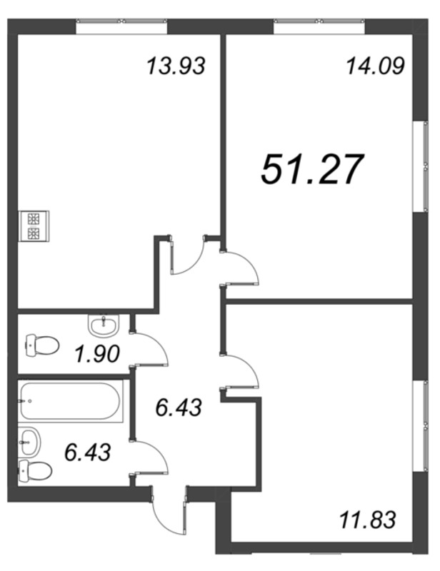 2-комнатная квартира, 51.27 м² в ЖК "Bereg. Курортный" - планировка, фото №1