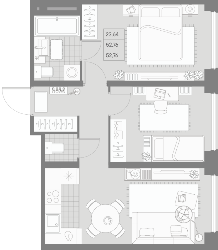 3-комнатная (Евро) квартира, 52.76 м² - планировка, фото №1