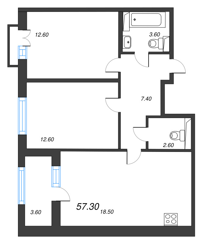 3-комнатная (Евро) квартира, 57.3 м² в ЖК "Дубровский" - планировка, фото №1