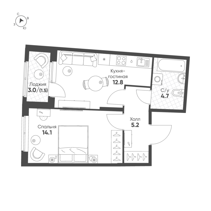 1-комнатная квартира, 38.3 м² в ЖК "Ягодное Река Парк" - планировка, фото №1