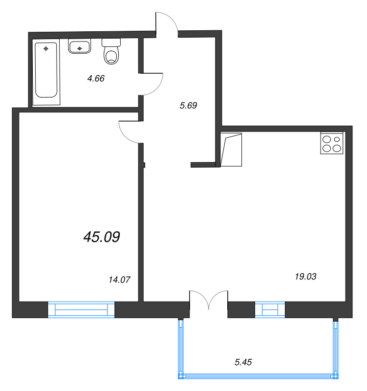 2-комнатная (Евро) квартира, 45.09 м² в ЖК "Арт Парк" - планировка, фото №1