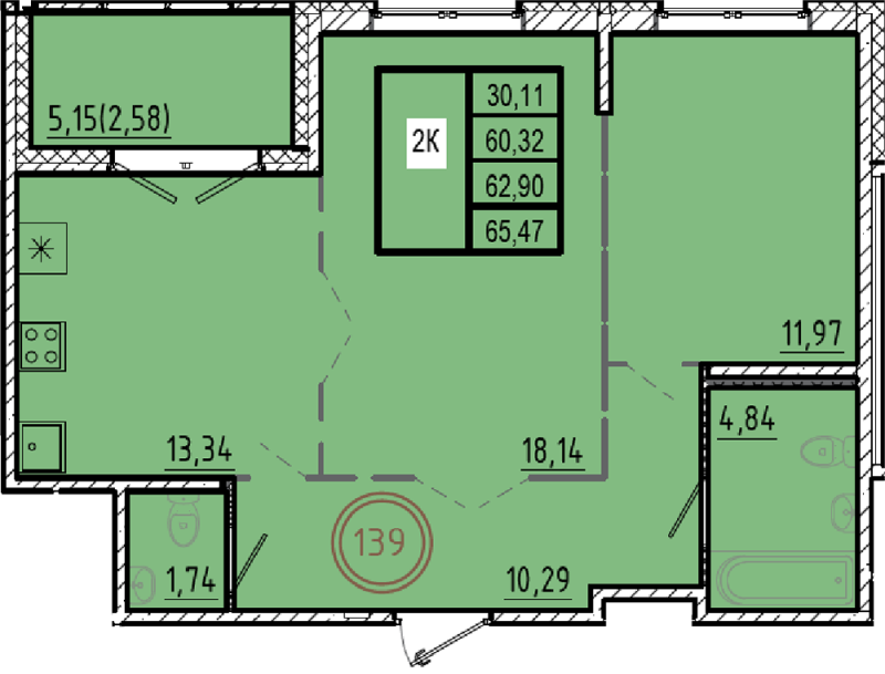 2-комнатная квартира, 60.32 м² в ЖК "Образцовый квартал 9.1" - планировка, фото №1