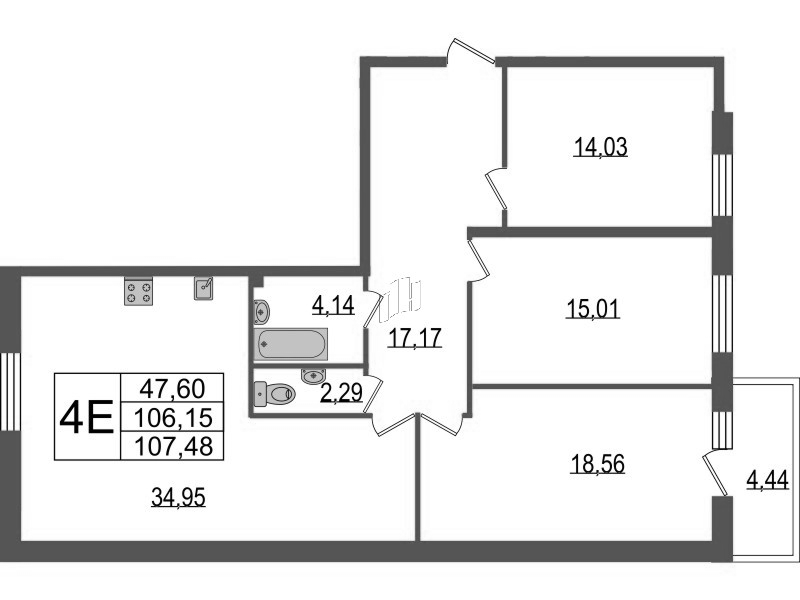 4-комнатная (Евро) квартира, 107 м² в ЖК "TESORO" - планировка, фото №1