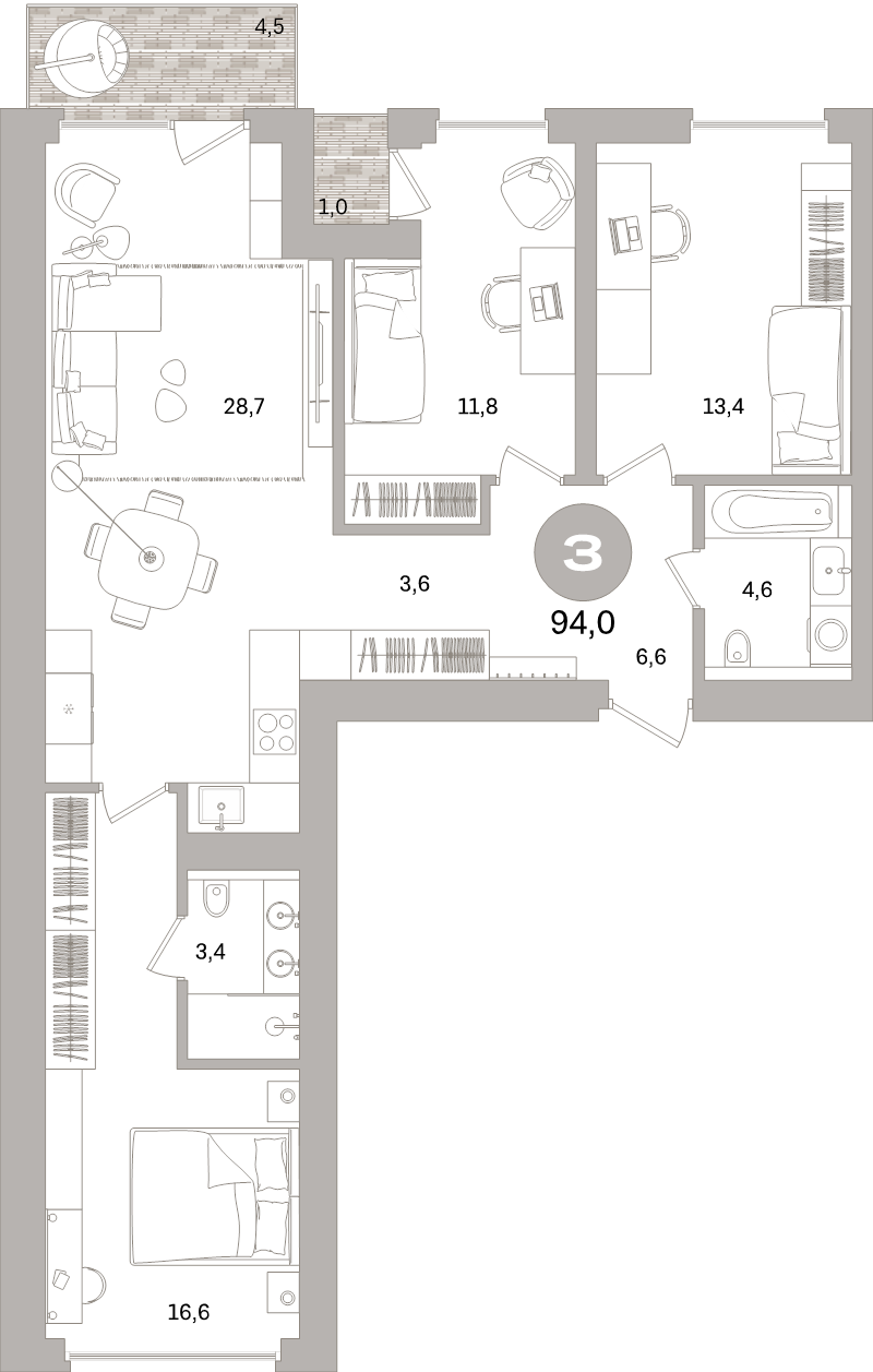 4-комнатная (Евро) квартира, 94 м² в ЖК "Северный ветер" - планировка, фото №1