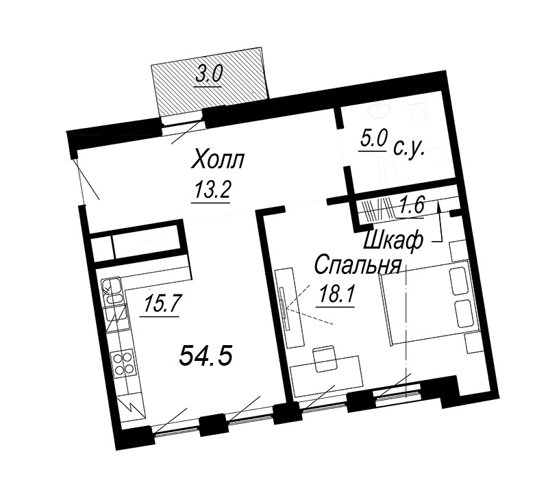 1-комнатная квартира, 53.5 м² - планировка, фото №1