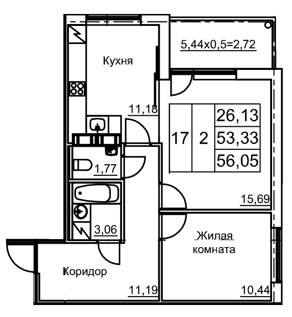 2-комнатная квартира, 56.05 м² в ЖК "Финский квартал" - планировка, фото №1