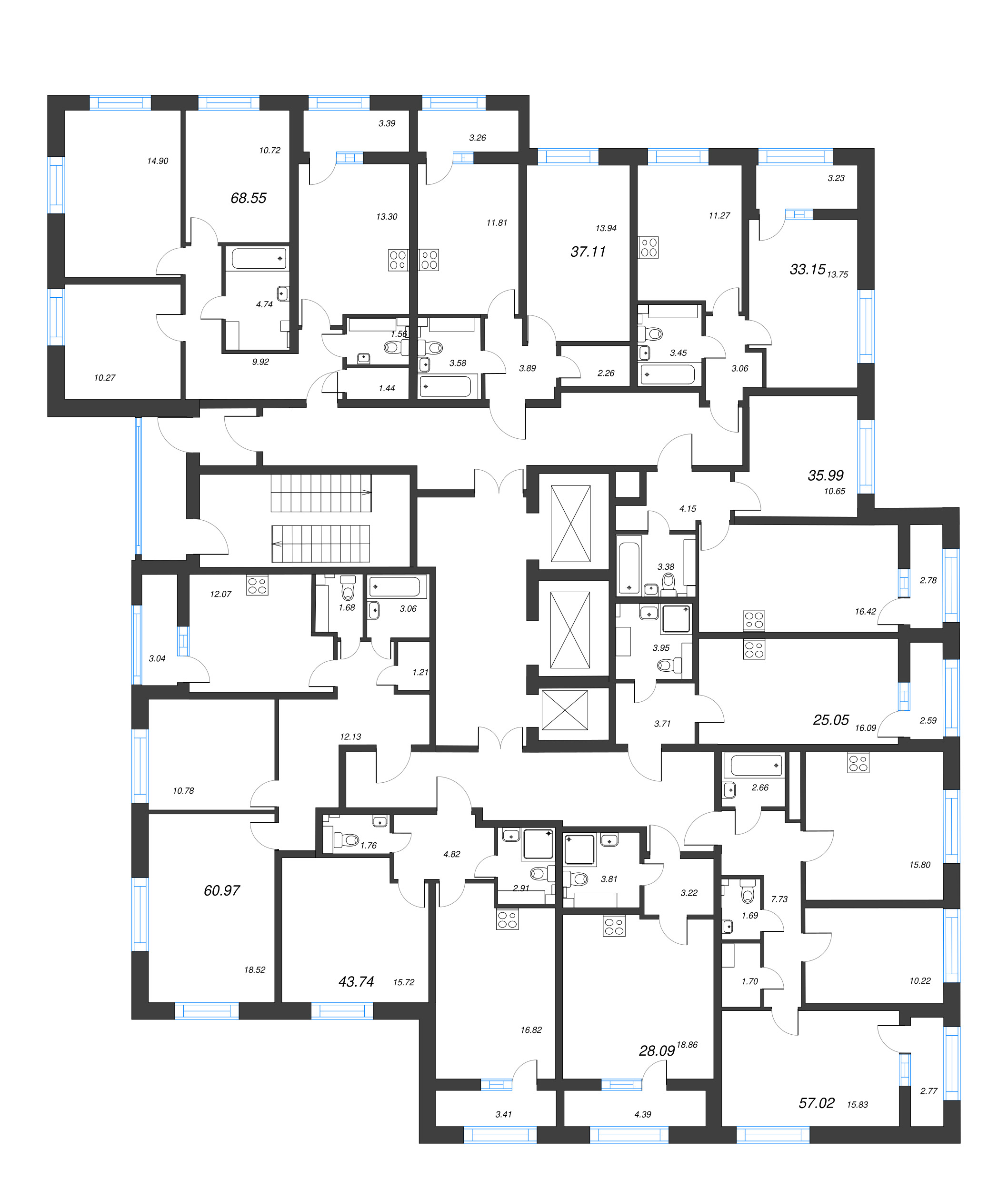 3-комнатная (Евро) квартира, 57.02 м² - планировка этажа