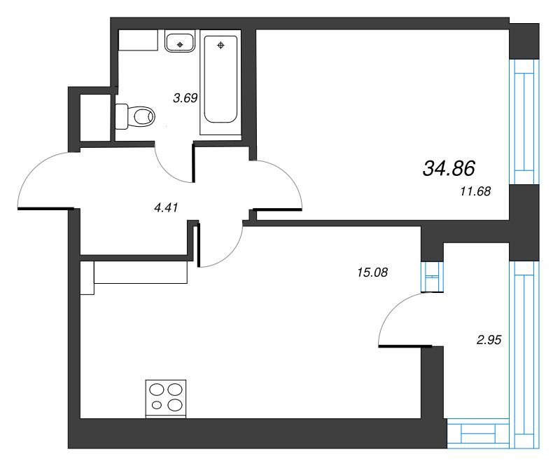 2-комнатная (Евро) квартира, 34.86 м² - планировка, фото №1