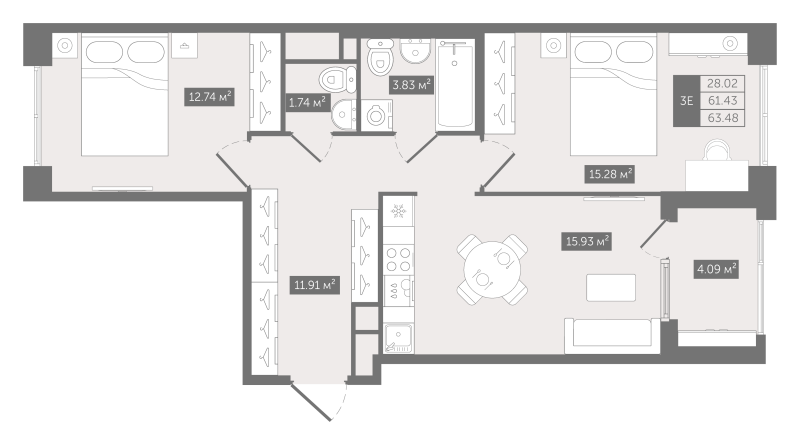 3-комнатная (Евро) квартира, 63.48 м² в ЖК "N8" - планировка, фото №1