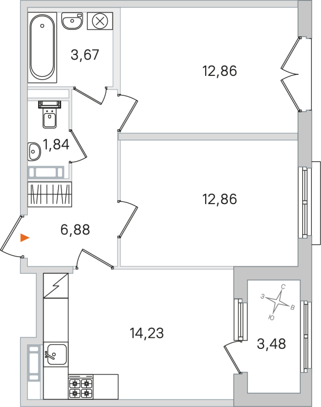 2-комнатная квартира, 52.34 м² в ЖК "Дубровский" - планировка, фото №1