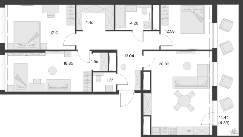 3-комнатная квартира, 106.8 м² - планировка, фото №1
