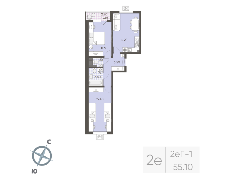 3-комнатная (Евро) квартира, 55.1 м² в ЖК "Ручьи" - планировка, фото №1