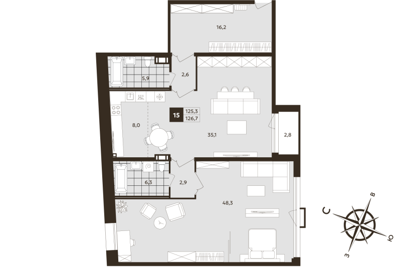 2-комнатная (Евро) квартира, 125.3 м² - планировка, фото №1